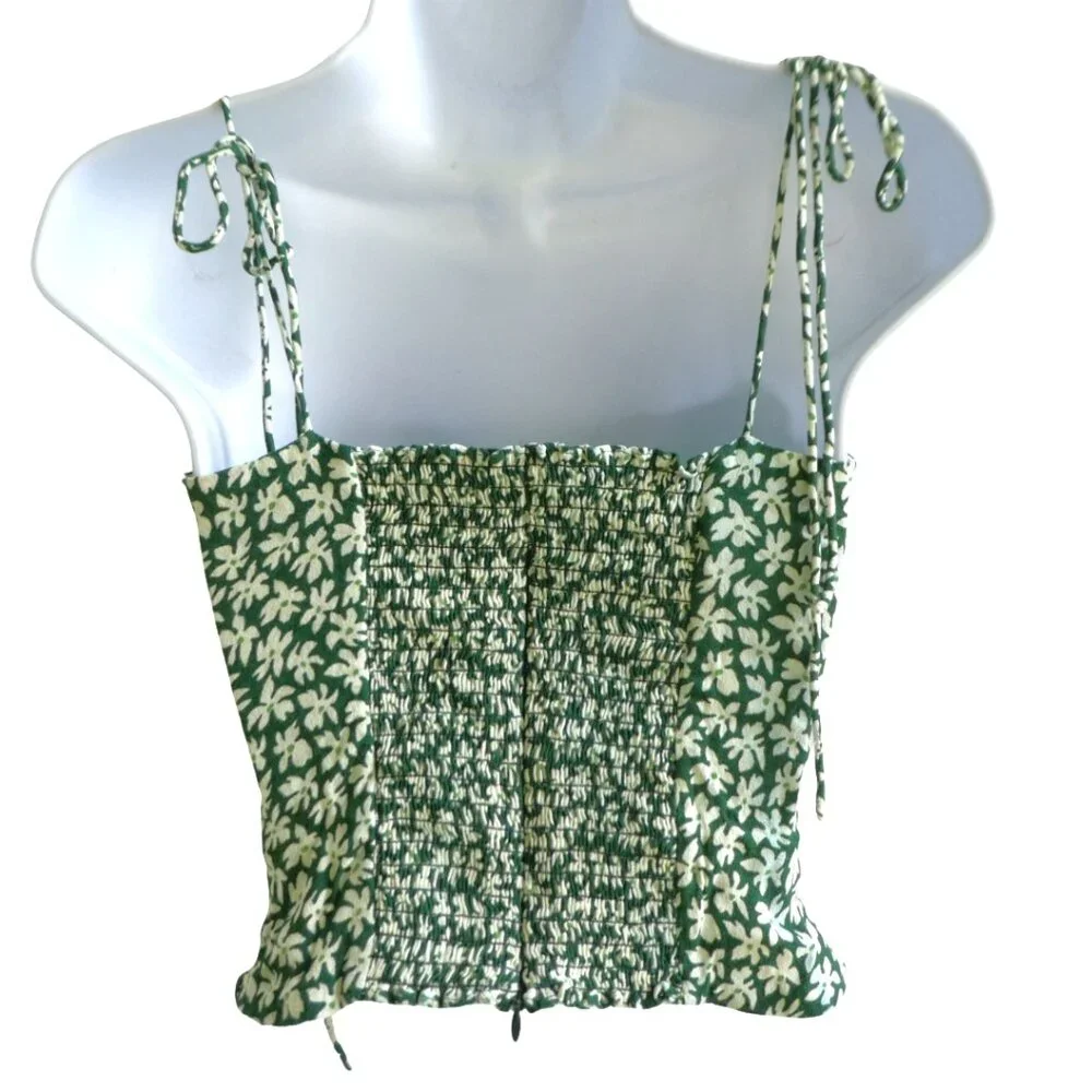 Reformation Floral Lupe Top Smocked Zipper Back Shoulder Ties Green White 2
